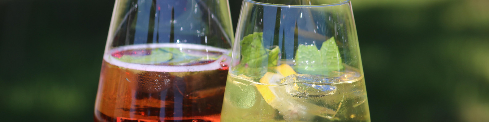 Aperitifcocktails - Hugo und Wildberry vor verschwommener Wiese