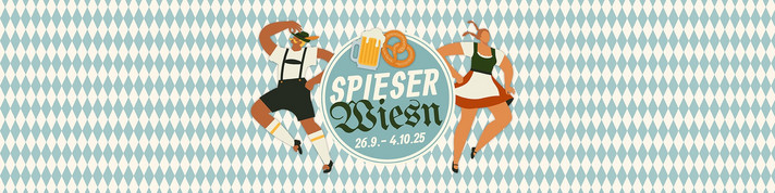 Spieser Wiesn Header - 2 illustrierte Figuren - blau/weiß karierter Hintergrund